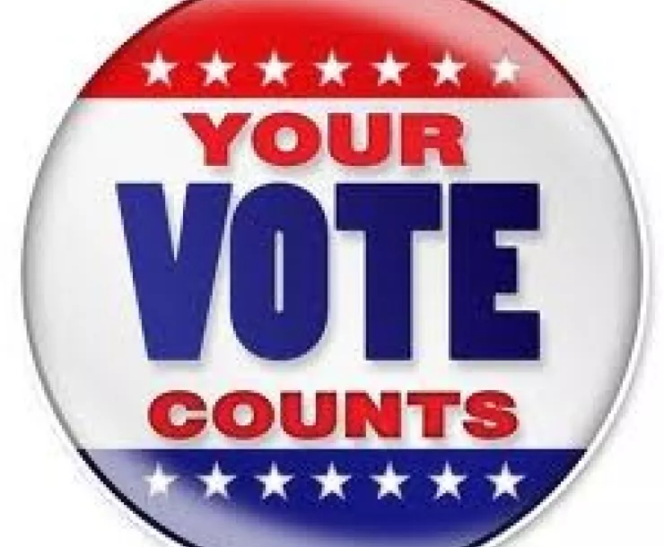red white and blue political button: your vote counts