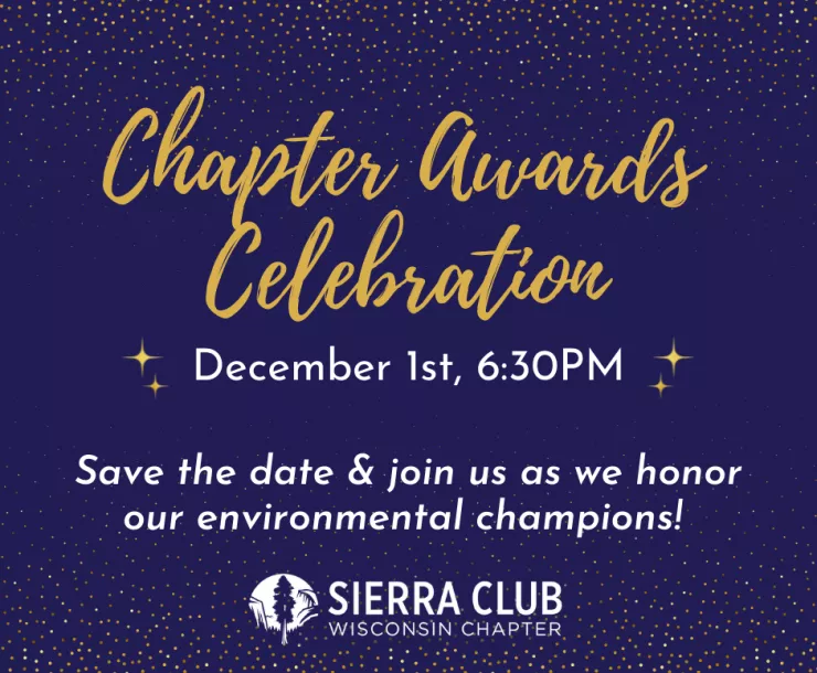 Graphic shows the text "Chapter Awards Celebration" in gold script over a deep blue background with gold stars in the background. White text below reads "December 1st, 6:30pm. Save the date & join us as we honor our environmental champions!" The Sierra Club Wisconsin logo in white is centered below the text.
