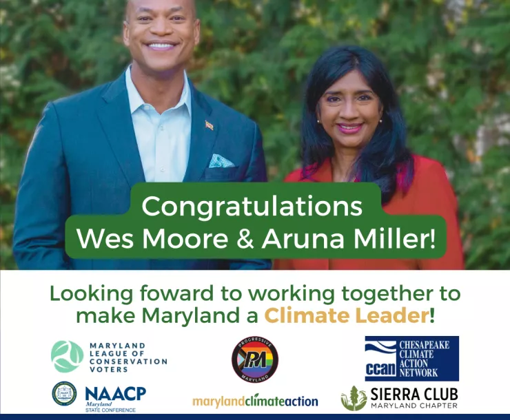 Headshot of Wes Moore & Aruna Miller with Congratulations banner for wining the Governor's race