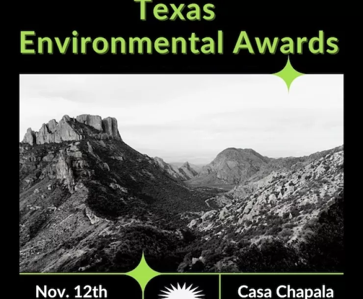 graphic reading Texas Sierra Club Presents Texas Environmental Awards, Nov. 12, 6:30-9 p.m. Casa Chapala Austin, TX