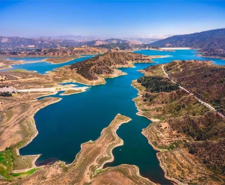 An aerial view of Lake Casitas (2022) in midst of drought.