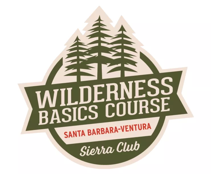 A logo for the Sierra Club Santa Barbara-Ventura Chapter's Wilderness Basics Course with evergreen trees.