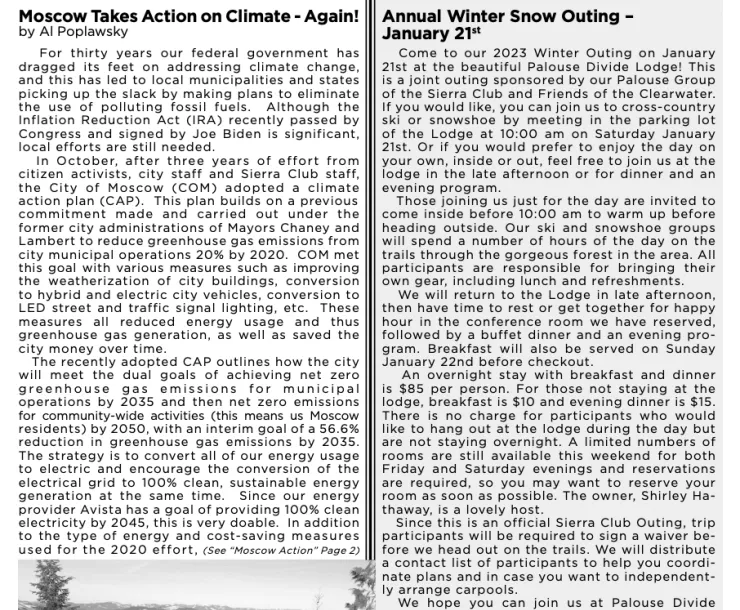 Screenshot of the first page of the Palouse Newsletter, blank and white