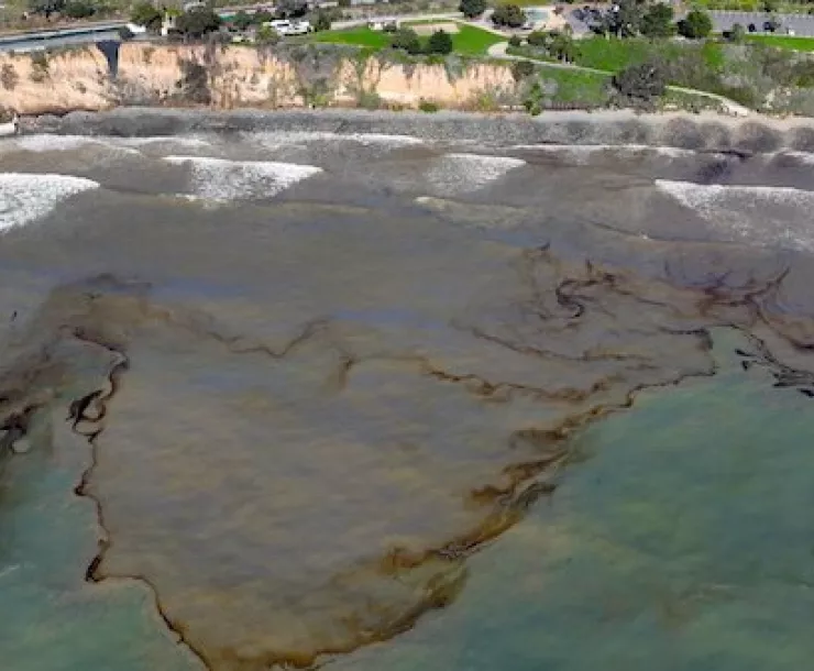 Oil sheen off Summerland Beach Jan 2023, photo courtesy of Harry Rabin of Heal the Ocean