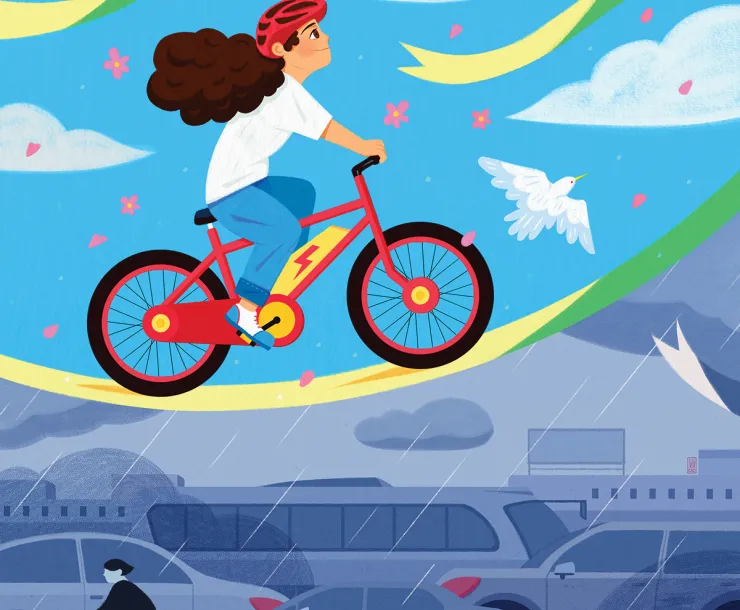 E-Bike with riuder in blue sky