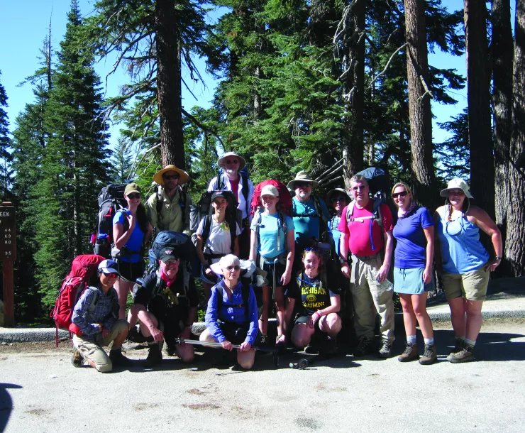 Group of backpackers in beginner course.