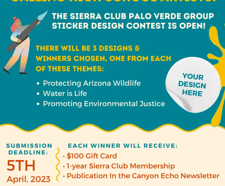 Graphic with text explaining the sticker art contest and an icon of a person holding a paint brush/