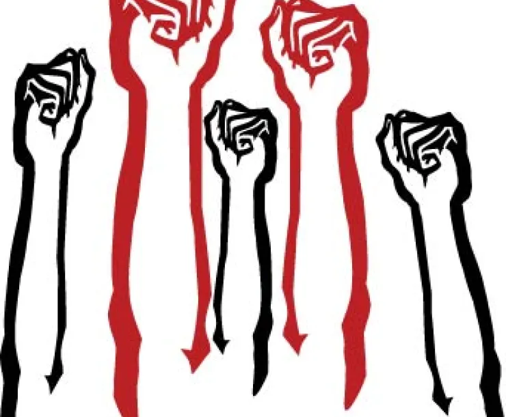 Red and black illustrated fists raised in the air.