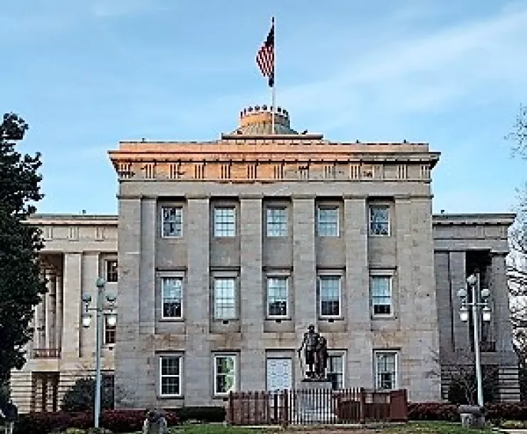 The south front of the State Capitol of North Carolina is shown in afternoon light