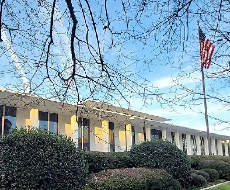 The south face of the N.C. Legislative Building is shown in a wide-angle view