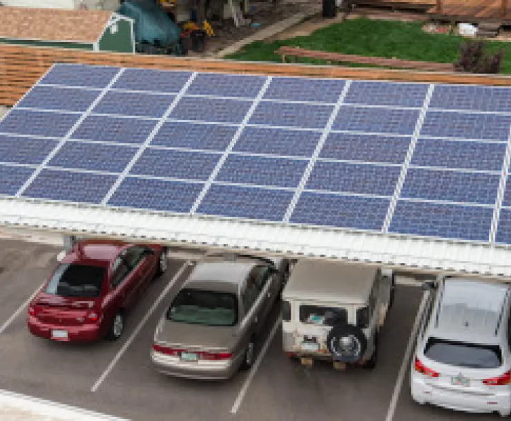 PV modules on the Highmar senior housing carports in Boulder, CO. (Photo by Dennis Schroeder / NREL)