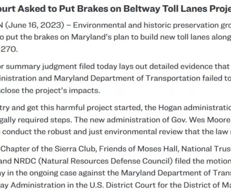 Screenshot of press release: court asked to put brakes on toll lanes project