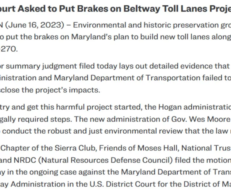 Screenshot of press release: court asked to put brakes on toll lanes project