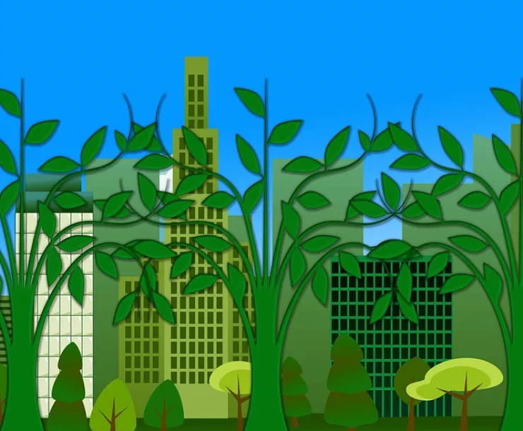 City with tons of trees and plants illustration