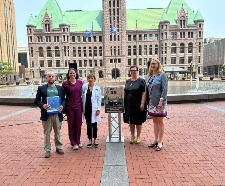 Minneapolis and Hennepin County leaders join local advocates to call for strong clearn heavy-duty truck standards in front of Minneapolis City Hall, June 15, 2023