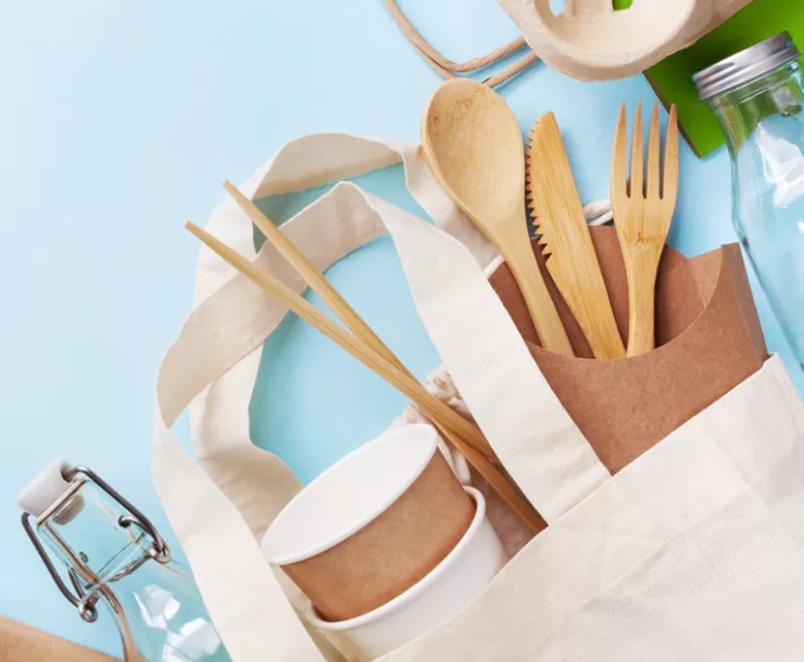 canvas bag, glass, wood and paper containers