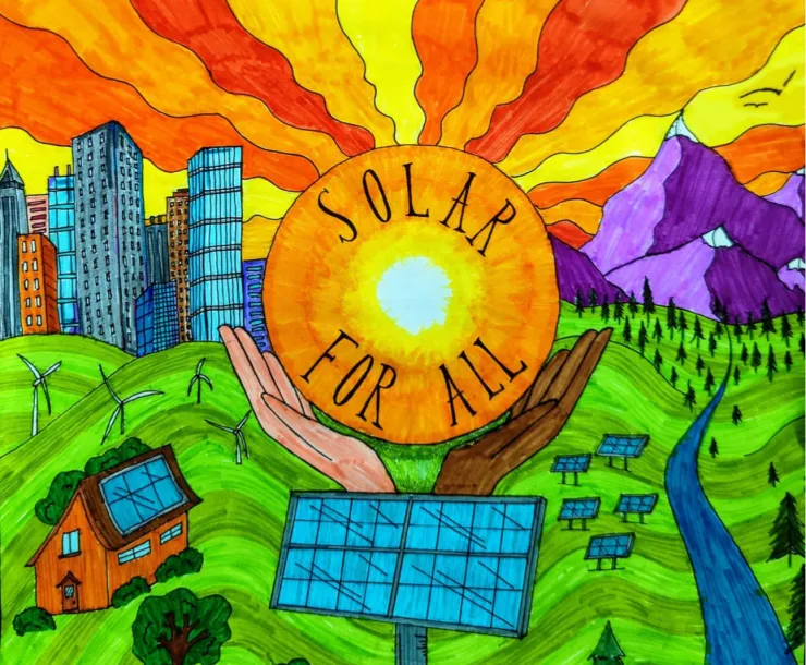 illustration of solar panel with sun held in two hands with rays emanating from the center of sun