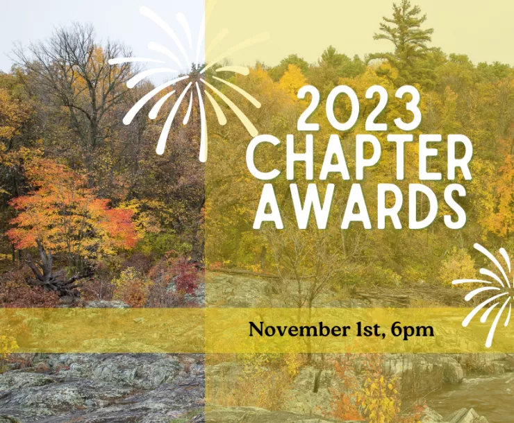A graphic that says "2023 Chapter Awards" over a background of trees in fall color.