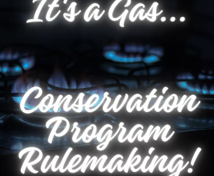 Background of blue-lit gas stoves behind text: It's a gas... Conservation Program Rulemaking!
