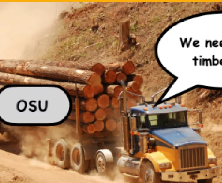A thumbnail depicting a logging truck, presumably owned by OSU, requesting "MORE $$$" 