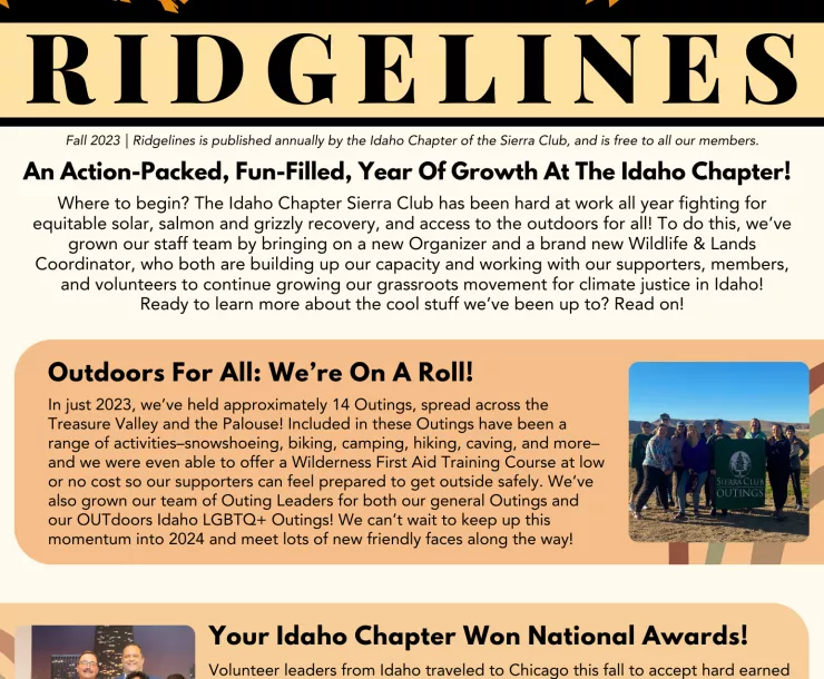 Front page of Newsletter, titled RIDGELINES with mountainscape on top with orange backdrop