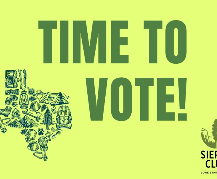 An illustration of the state of Texas made out of drawings of outdoor items like trees, backpacks, hiking boots. Text: Time to vote! Sierra Club Lone Star Chapter