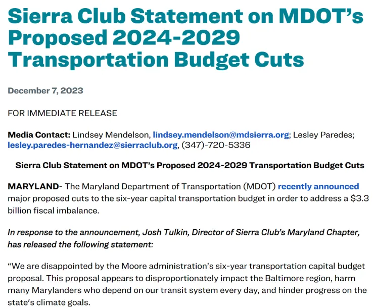 Screenshot of Sierra Club response to MDOT's proposed budget cuts 