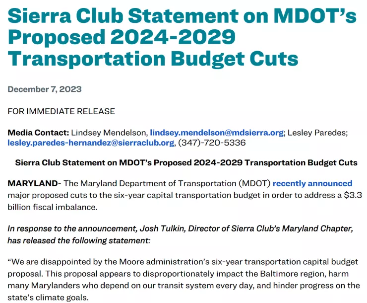 Screenshot of Sierra Club response to MDOT's proposed budget cuts 