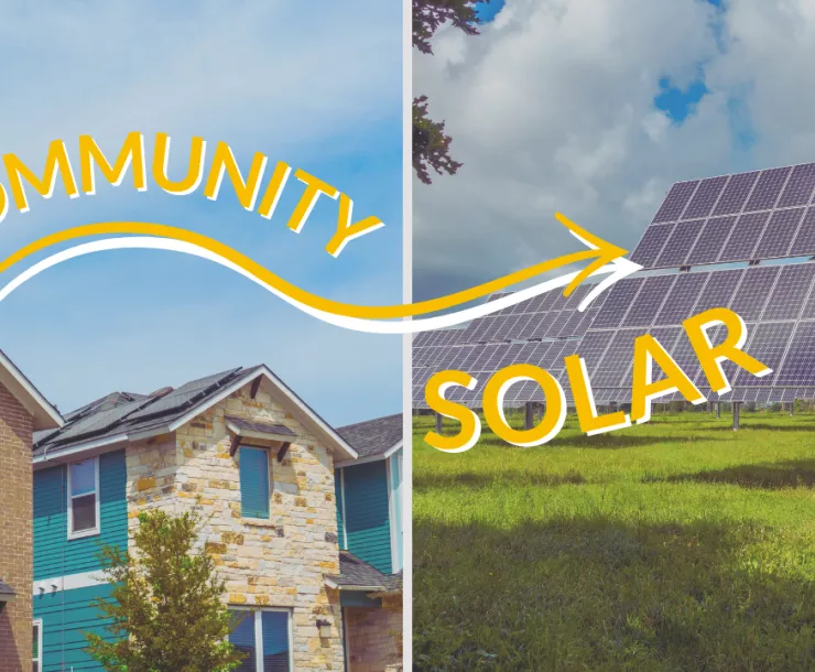 image of homes on left and solar panels on right with words Community Solar in middle with arrow