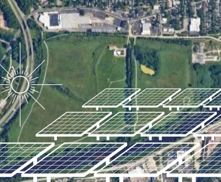 aerial view of butterworth landfill site in Grand Rapids with graphic of solar panels overlaid