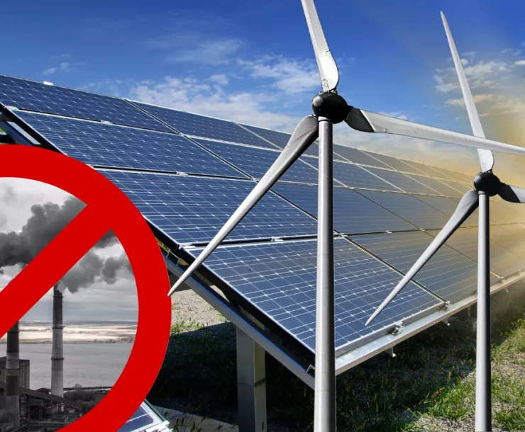 photo of solar panels, wind turbines, and a coal plant with a cancel over it.