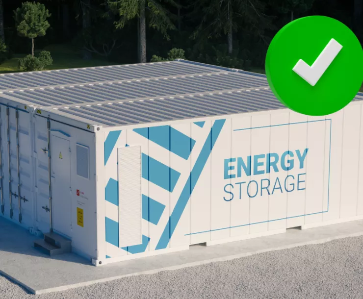 An artist's rendering of 3 storage units together labeled "energy storage" with a green checkmark overlayed