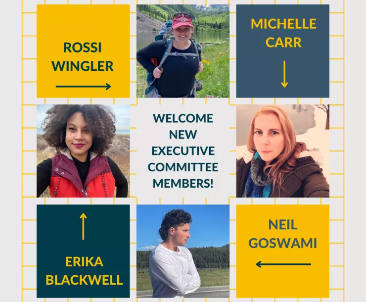 A graphic showing four people and their names with arrows pointing to the person. The names are Rossi Wingler, Michelle Carr, Neil Goswami, and Erika Blakwell. In the middle there's a box saying Welcome New Executive Committee Members!