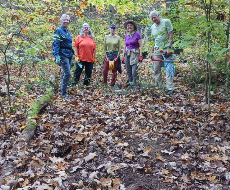 Five people stood in a forest. Some are holding gardening tools. They are all turned towards the camera and smiling. There are many brown leaves on the ground.