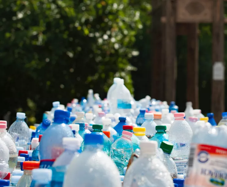 A pile of assorted plastic bottles against a backdrop of trees. (Photo/mali maeder)