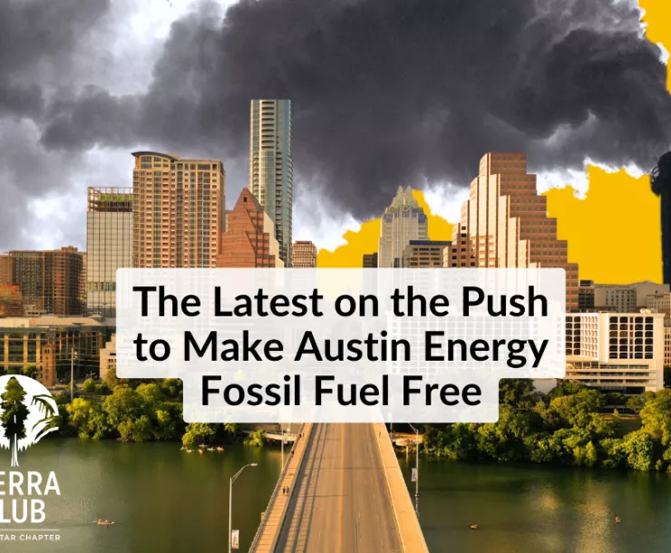 Austin skyline with a dirty smokestack in the background. Text: The latest on the push to make Austin Energy fossil fuel free