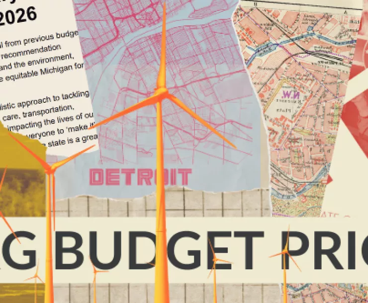 collage style imagery with words "mixed bag budget priorities" 