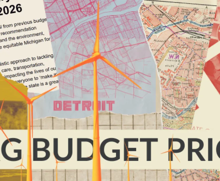 collage style imagery with words "mixed bag budget priorities" 