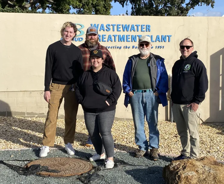 Jacob Klein, Zephir O'Meara, Dani Zacky, Heinrich Albert, and Matt Bielby outside the EBMUD treatment facility on their tour of the plant.