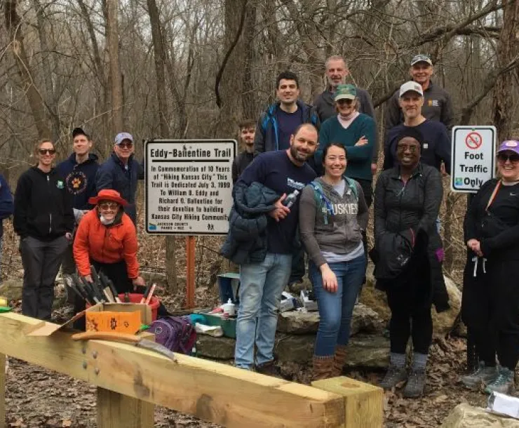 Volunteers from MDC, JCPR, and Sierra Club have been gathering to help rid the Eddy-Ballentine Trail area of invasive honeysuckle for 3 years and counting. Sadly, Dr. William Eddy, co-author of the Hiking Kansas City books and co-founder of the Eddy-Ballentine Trail, passed away on October 10, 2023. We join all our outdoor-loving friends in celebrating Dr. Eddy's legacy.   Photo by Ellen Brenneman 