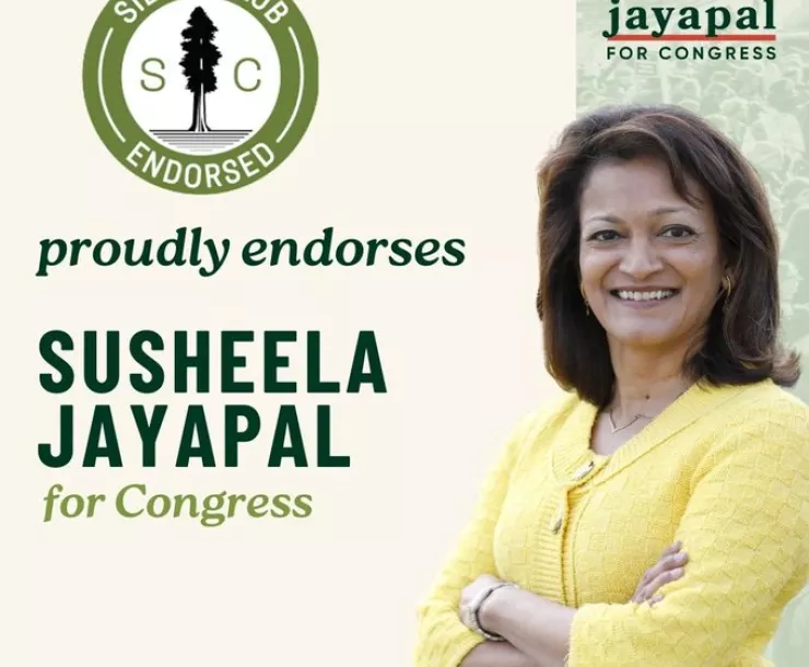 A photo of candidate Susheela Jayapal smiling. Text reads, Sierra Club proudly endorses for congress.