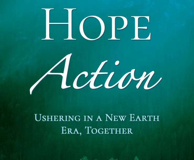 A book cover which is an aqua color. The book is called Faith Hope Action - Ushering in a New Earth Era, Together. Author is Diana Ensign, JD.