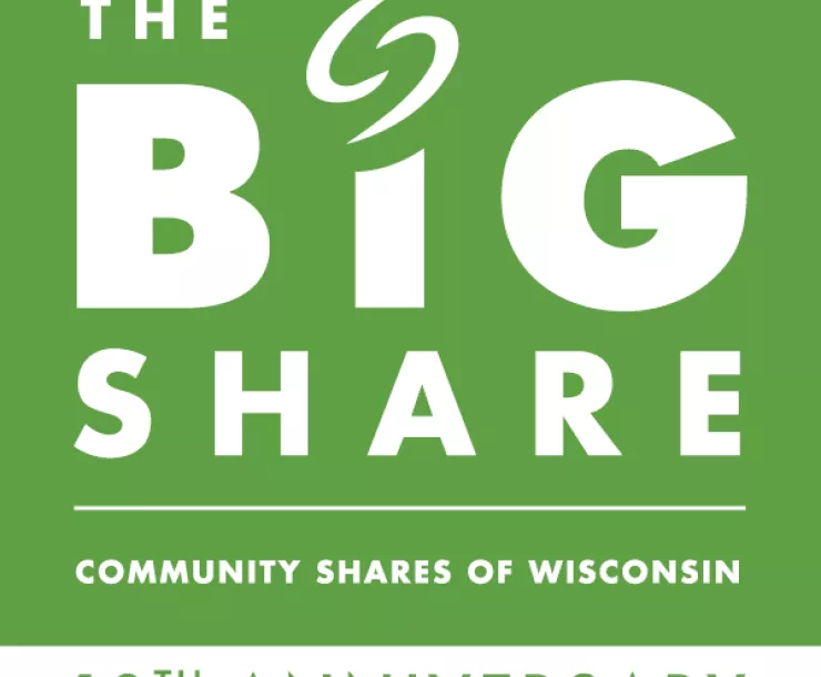 The Big Share 10th anniversary logo. White type on green background.