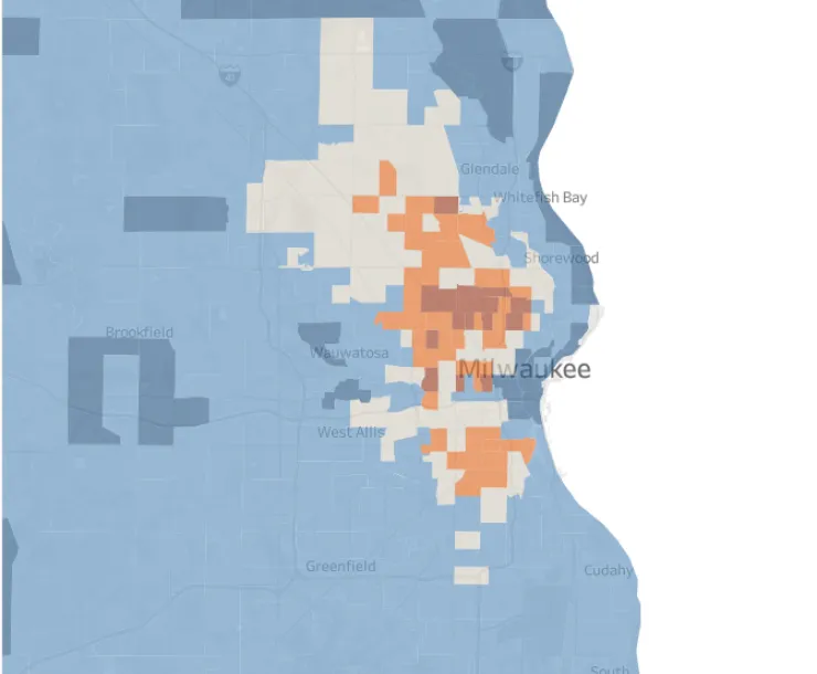 Image is a map of Milwaukee, displaying the energy burden for each census tract. The north and southside neighborhoods of Milwaukee indicate the highest rates of energy burden in the region.