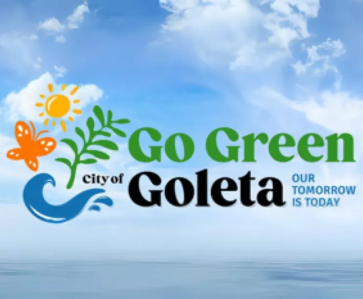 City of Goleta's Go Green Campaign logo with sun, butterfly, water wave, and plant graphics.