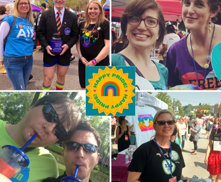 A graphic of four different photos, with a central smaller graphic saying Happy Pride with a sun and a rainbow. The photos clockwise are of: Two women with blonde hair standing either side of a man who looks like Mike Pence at a Pride festival. He's wearing a rainbow tie and holding a fundraising bucket. Both women are smiling. Two women with brown hair smiling at a Pride festival. A woman at a Pride festival wearing sunglasses and a Sierra Club 125years t-shirt. Two people with dark sunglasses drinking our