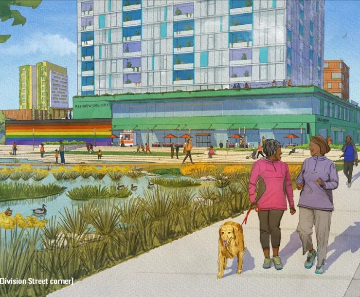 An example of a conversion from asphalt and concrete parking lots to restorative waterways and open spaces from Multistudio, BASE, and Badiner Urban Planning. Illustration for prototype and discussion purposes, not intended as a final engineering design.