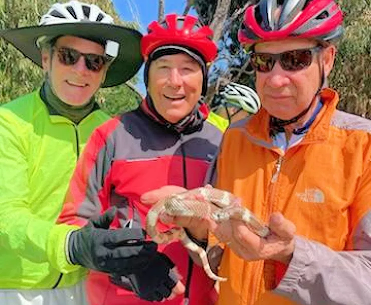 3 men holding a snake