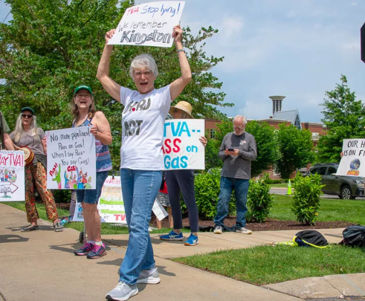 protestors hold signs on a sunny day