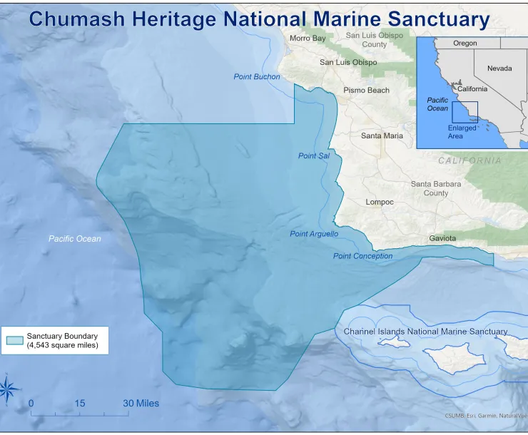 A map of the Chumash Sanctuary on the central coast of California extending from avila to gaviota. credit NOAA